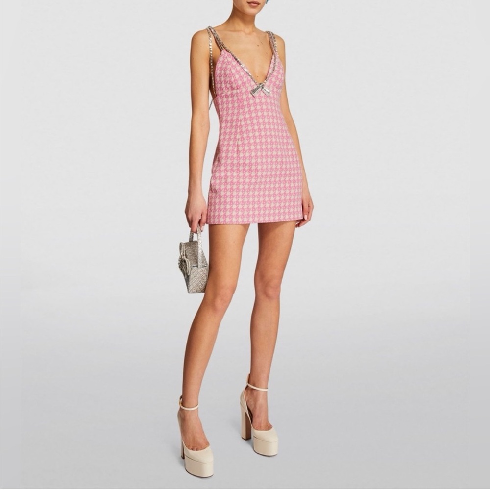 AREA NYC Crystal Deco Bow Mini Dress In Pink Multi